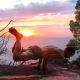 Una persona realiza una pose de yoga sobre una superficie rocosa al atardecer, con el océano y los árboles de fondo.